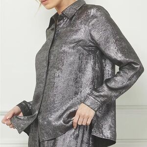 EVEREVE Shimmering Silver Button Down Shirt Metallic Long Sleeve Top